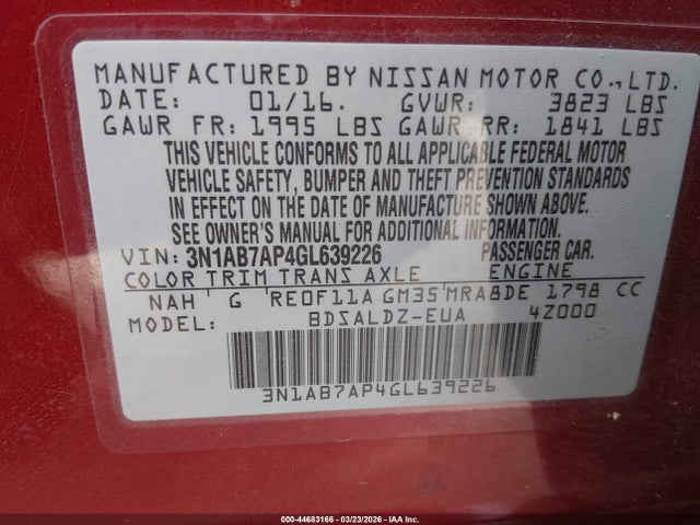 3N1AB7AP4GL639226 Nissan Sentra Fe+ S/s/sl/sr/sv