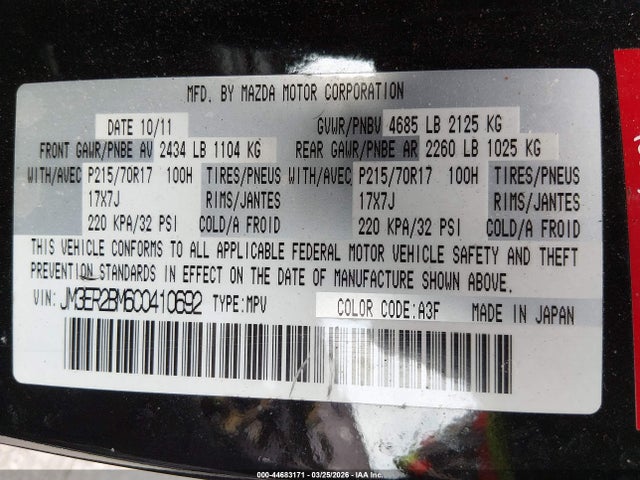 44683171 :رقم المزاد ، JM3ER2BM6C0410692 vin ، 2012 Mazda Cx-7 I Sport مزاد بيع