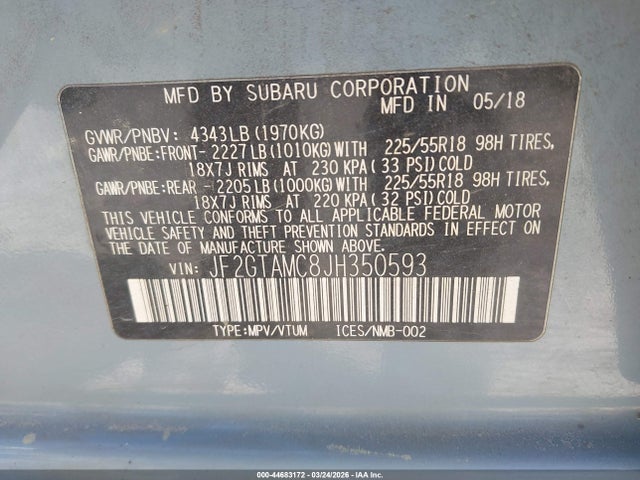 2018 Subaru Crosstrek 2.0i Limited მანქანა იყიდება აუქციონზე, vin: JF2GTAMC8JH350593, აუქციონის ნომერი: 44683172