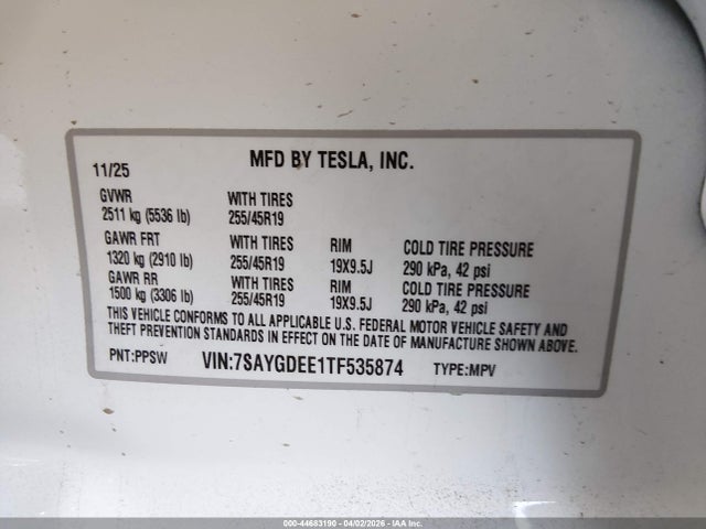 2026 Tesla Model Y All-wheel Drive/long Range Launch Series/premium All-wheel Drive მანქანა იყიდება აუქციონზე, vin: 7SAYGDEE1TF535874, აუქციონის ნომერი: 44683190