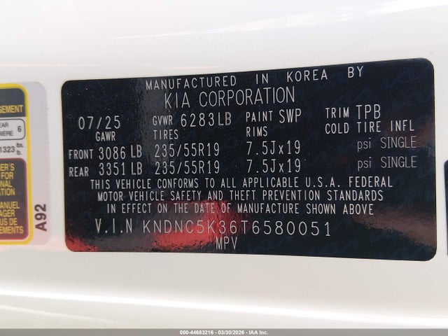Aukcja sprzedaży 2026 Kia Carnival Mpv Ex, vin: KNDNC5K36T6580051, numer aukcji: 44683216