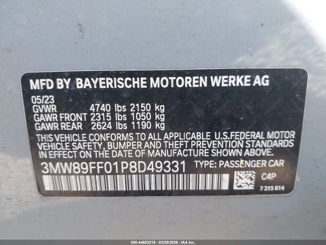 Aukcja sprzedaży 2023 Bmw 330i Xdrive, vin: 3MW89FF01P8D49331, numer aukcji: 44683218
