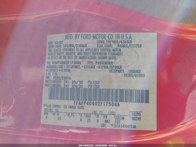 Aukcja sprzedaży 2002 Ford Mustang, vin: 1FAFP40402F175046, numer aukcji: 44683222