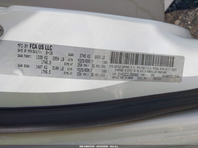 44683230 :رقم المزاد ، 2C4RDGCG1JR324661 vin ، 2018 Dodge Grand Caravan Sxt مزاد بيع