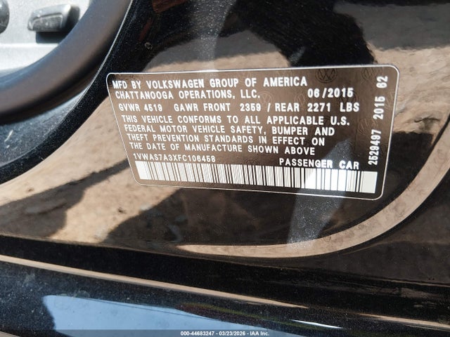 Aukcja sprzedaży 2015 Volkswagen Passat 1.8t Limited Edition, vin: 1VWAS7A3XFC106458, numer aukcji: 44683247