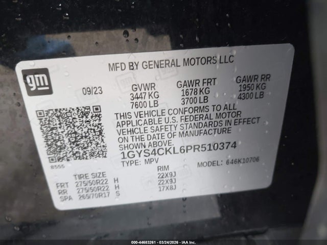 2023 Cadillac Escalade 4wd Premium Luxury მანქანა იყიდება აუქციონზე, vin: 1GYS4CKL6PR510374, აუქციონის ნომერი: 44683261