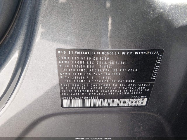 Aukcja sprzedaży 2023 Volkswagen Tiguan 2.0t Se, vin: 3VV3B7AX1PM013215, numer aukcji: 44683271