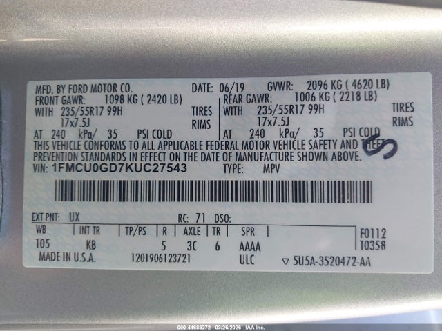 44683272 :رقم المزاد ، 1FMCU0GD7KUC27543 vin ، 2019 Ford Escape Se مزاد بيع
