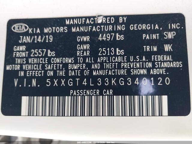 Продажа на аукционе авто 2019 Kia Optima Lx, vin: 5XXGT4L33KG340120, номер лота: 44683296