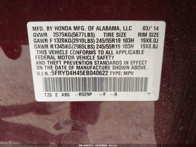44683311 :رقم المزاد ، 5FRYD4H45EB040622 vin ، 2014 Acura Mdx Technology Package مزاد بيع