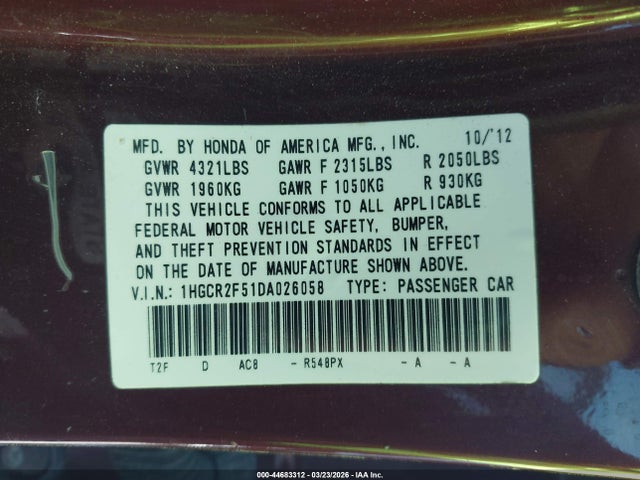 Продажа на аукционе авто 2013 Honda Accord Sport, vin: 1HGCR2F51DA026058, номер лота: 44683312
