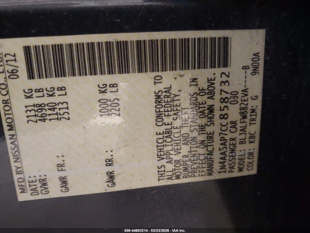 44683314 :رقم المزاد ، 1N4AA5AP7CC858732 vin ، 2012 Nissan Maxima 3.5 Sv مزاد بيع