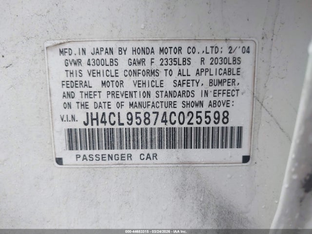 44683315 :رقم المزاد ، JH4CL95874C025598 vin ، 2004 Acura Tsx مزاد بيع