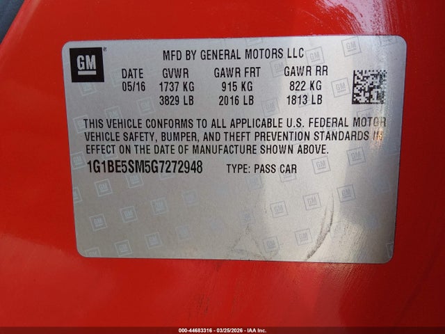 Aukcja sprzedaży 2016 Chevrolet Cruze Lt Auto, vin: 1G1BE5SM5G7272948, numer aukcji: 44683316
