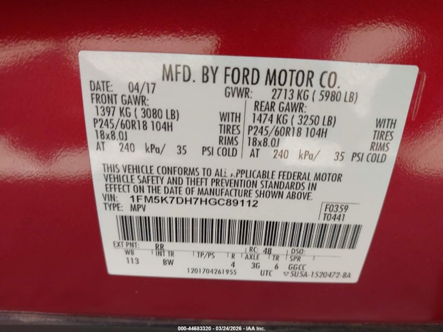 1FM5K7DH7HGC89112 Ford EXPLORER XLT
