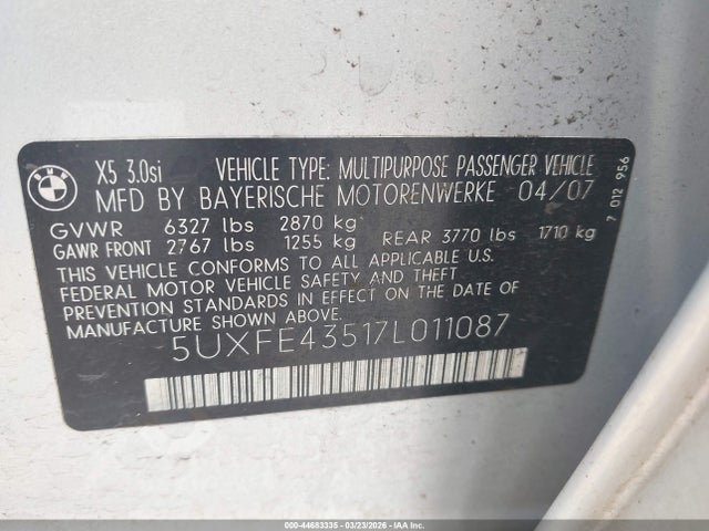 Auction sale of the 2007 Bmw X5 3.0si, vin: 5UXFE43517L011087, lot number: 44683335