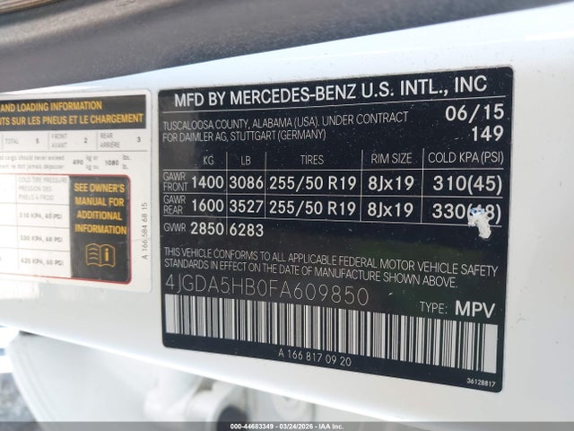 44683349 :رقم المزاد ، 4JGDA5HB0FA609850 vin ، 2015 Mercedes-benz Ml 350 4matic مزاد بيع