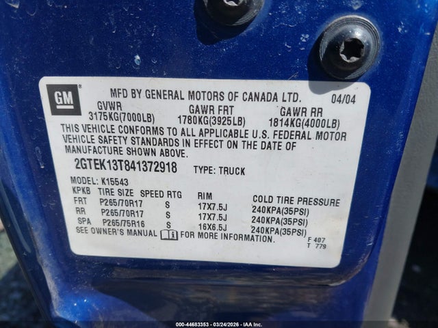 Продаж на аукціоні авто 2004 Gmc Sierra 1500 Sle, vin: 2GTEK13T841372918, номер лоту: 44683353