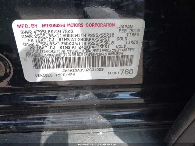 Aukcja sprzedaży 2016 Mitsubishi Outlander Es, vin: JA4AZ3A39GZ031008, numer aukcji: 44683355