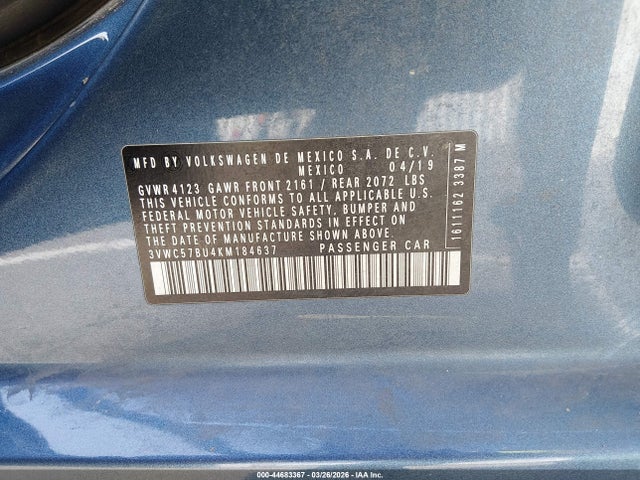 Продажа на аукционе авто 2019 Volkswagen Jetta 1.4t R-line/1.4t S/1.4t Se, vin: 3VWC57BU4KM184637, номер лота: 44683367