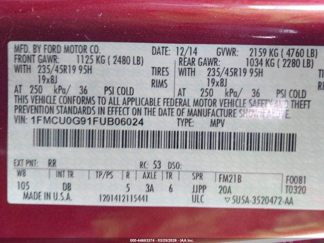 Продажа на аукционе авто 2015 Ford Escape Se, vin: 1FMCU0G91FUB06024, номер лота: 44683374