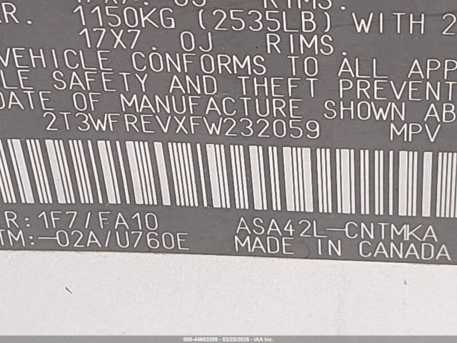 2T3WFREVXFW232059 Toyota Rav4 Xle