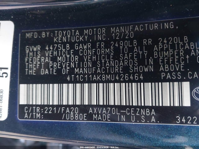 2021 Toyota Camry Le მანქანა იყიდება აუქციონზე, vin: 4T1C11AK8MU426464, აუქციონის ნომერი: 44683408
