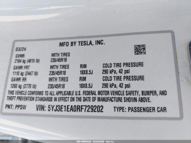 2024 TESLA MODEL 3 5YJ3E1EA0RF729202 Photo 8