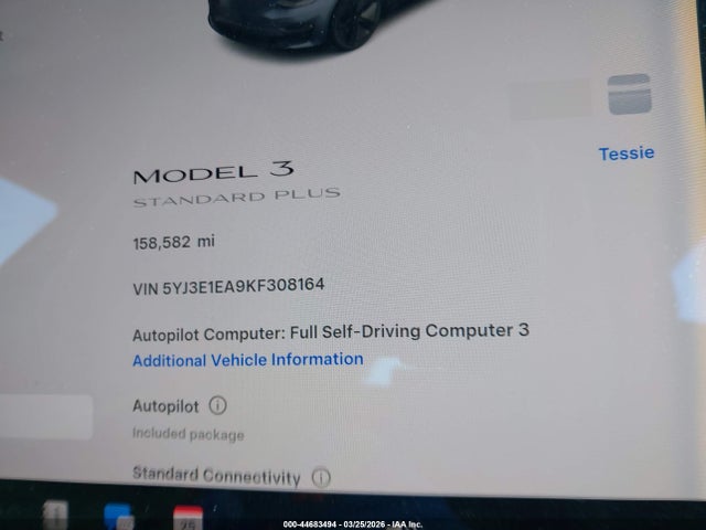 2019 Tesla Model 3 Long Range/mid Range/standard Range/standard Range Plus მანქანა იყიდება აუქციონზე, vin: 5YJ3E1EA9KF308164, აუქციონის ნომერი: 44683494