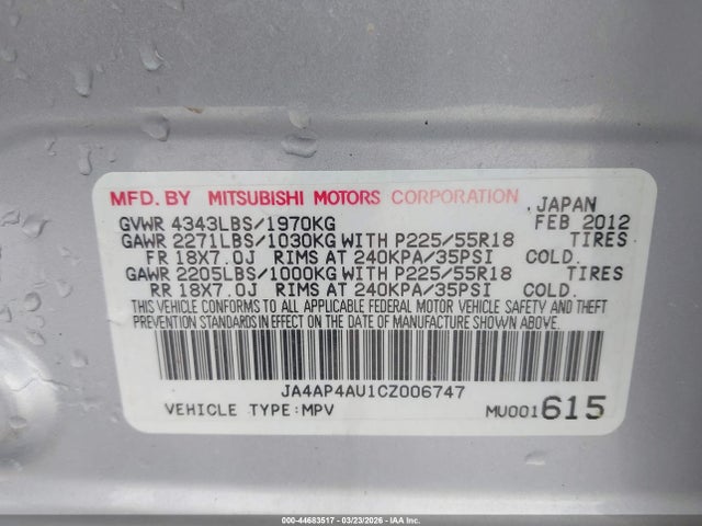 Продаж на аукціоні авто 2012 Mitsubishi Outlander Sport Se, vin: JA4AP4AU1CZ006747, номер лоту: 44683517