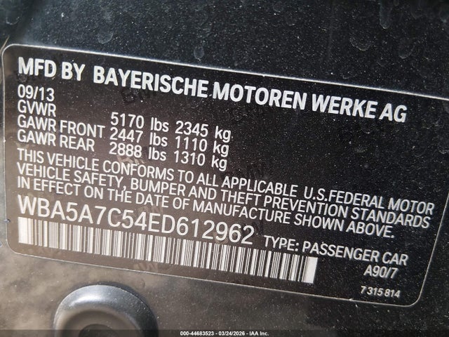 2014 Bmw 528i Xdrive მანქანა იყიდება აუქციონზე, vin: WBA5A7C54ED612962, აუქციონის ნომერი: 44683523