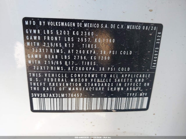 2020 Volkswagen Tiguan 2.0t Se/2.0t Se R-line Black/2.0t Sel მანქანა იყიდება აუქციონზე, vin: 3VV3B7AX3LM176457, აუქციონის ნომერი: 44683539