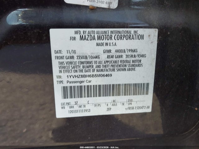 Aukcja sprzedaży 2011 Mazda Mazda6 I Sport, vin: 1YVHZ8BH6B5M06469, numer aukcji: 44683551