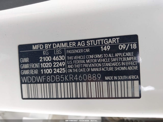 44683557 :رقم المزاد ، WDDWF8DB5KR460889 vin ، 2019 Mercedes-benz C 300 مزاد بيع