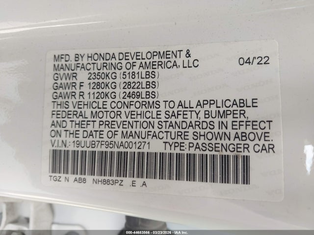44683566 :رقم المزاد ، 19UUB7F95NA001271 vin ، 2022 Acura Tlx Type S - Hp Wheel And Tire مزاد بيع