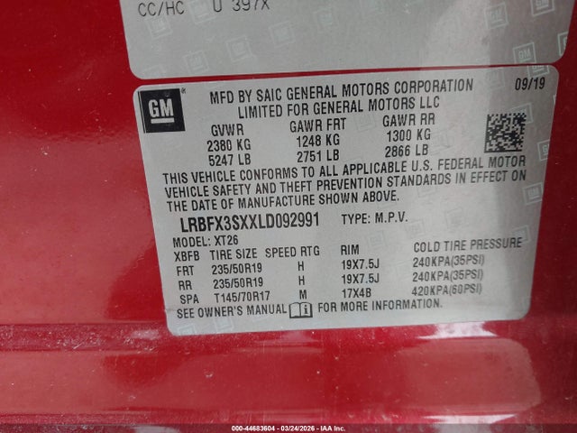 44683604 :رقم المزاد ، LRBFX3SXXLD092991 vin ، 2020 Buick Envision Awd Premium I مزاد بيع