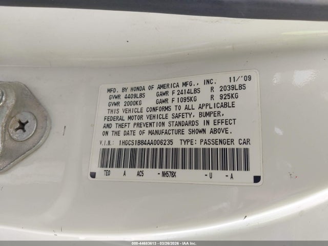 2010 Honda Accord 2.4 Ex-l მანქანა იყიდება აუქციონზე, vin: 1HGCS1B84AA006235, აუქციონის ნომერი: 44683613