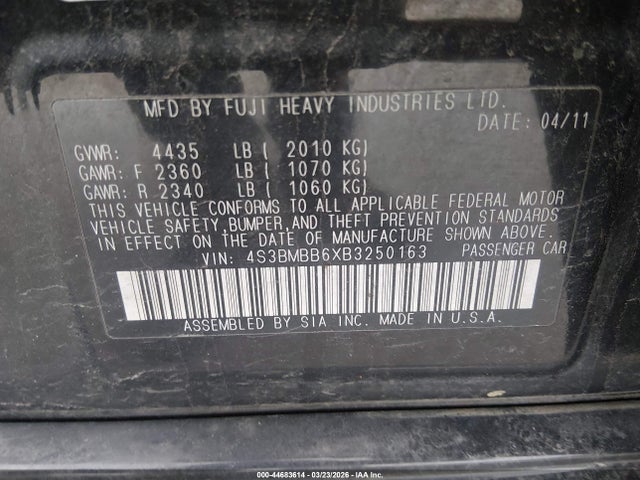 44683614 :رقم المزاد ، 4S3BMBB6XB3250163 vin ، 2011 Subaru Legacy 2.5i Premium مزاد بيع
