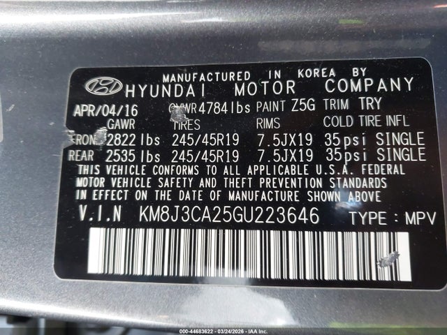 Aukcja sprzedaży 2016 Hyundai Tucson Limited, vin: KM8J3CA25GU223646, numer aukcji: 44683622
