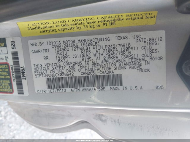 44683670 :رقم المزاد ، 5TFTU4GN6CX026642 vin ، 2012 Toyota Tacoma Prerunner V6 مزاد بيع