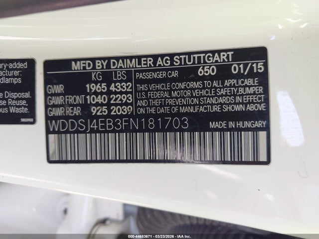 Продаж на аукціоні авто 2015 Mercedes-benz Cla 250, vin: WDDSJ4EB3FN181703, номер лоту: 44683671