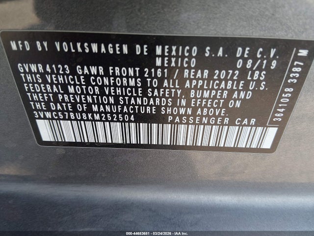 2019 Volkswagen Jetta 1.4t R-line/1.4t S/1.4t Se მანქანა იყიდება აუქციონზე, vin: 3VWC57BU8KM252504, აუქციონის ნომერი: 44683681