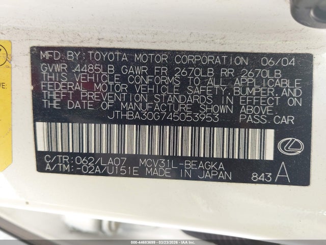 44683699 :رقم المزاد ، JTHBA30G745053953 vin ، 2004 Lexus Es 330 مزاد بيع