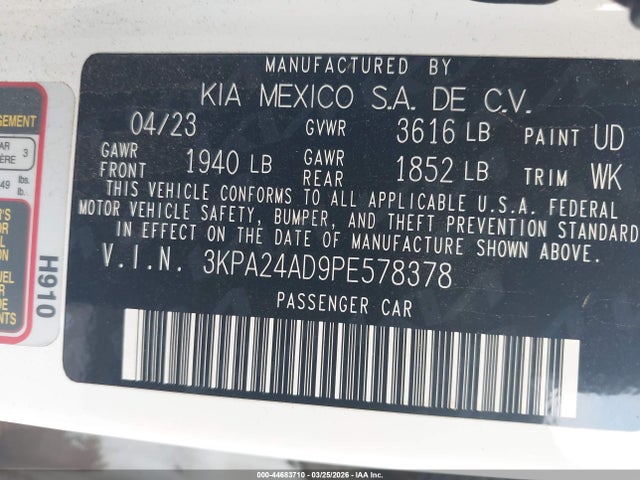 2023 Kia Rio S მანქანა იყიდება აუქციონზე, vin: 3KPA24AD9PE578378, აუქციონის ნომერი: 44683710