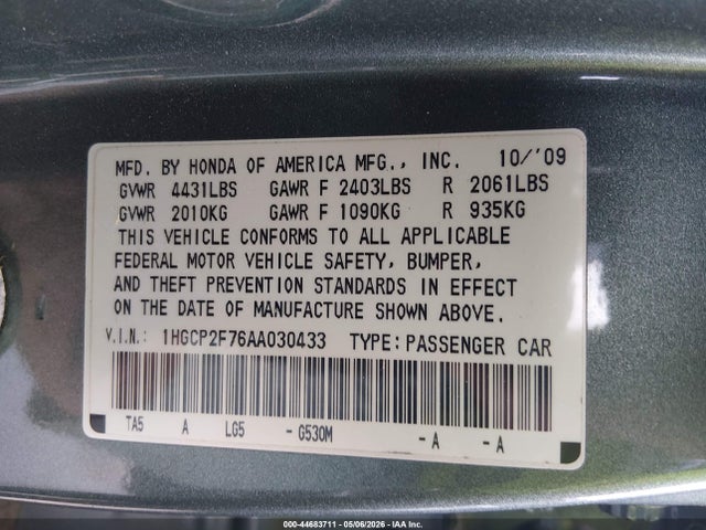 44683711 :رقم المزاد ، 1HGCP2F76AA030433 vin ، 2010 Honda Accord 2.4 Ex مزاد بيع