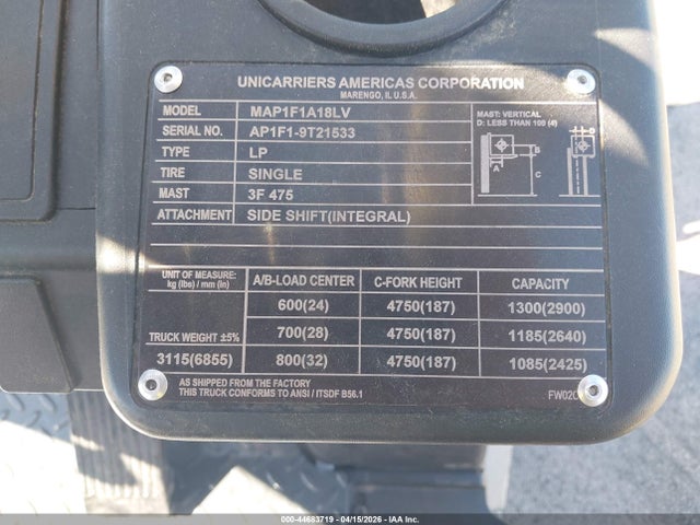Продаж на аукціоні авто 2021 Unicarriers Forklift, vin: AP1F19T21533, номер лоту: 44683719