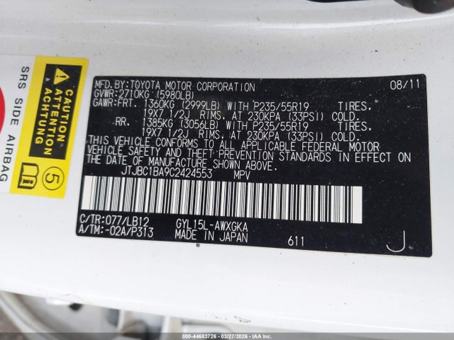 44683726 :رقم المزاد ، JTJBC1BA9C2424553 vin ، 2012 Lexus Rx 450h مزاد بيع