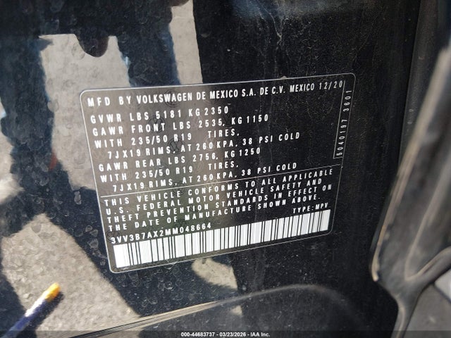 44683737 :رقم المزاد ، 3VV3B7AX2MM048664 vin ، 2021 Volkswagen Tiguan 2.0t Se/2.0t Se R-line Black/2.0t Sel مزاد بيع