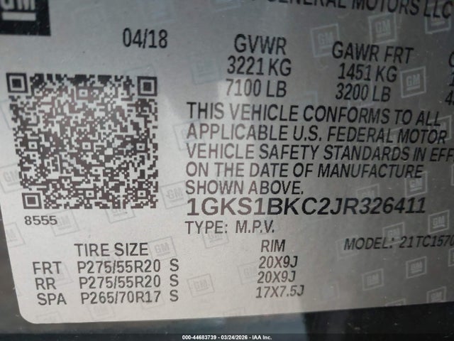 2018 Gmc Yukon Slt მანქანა იყიდება აუქციონზე, vin: 1GKS1BKC2JR326411, აუქციონის ნომერი: 44683739