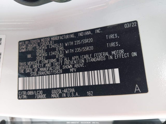 5TDLZRAH2NS115828 Toyota Highlander Xse